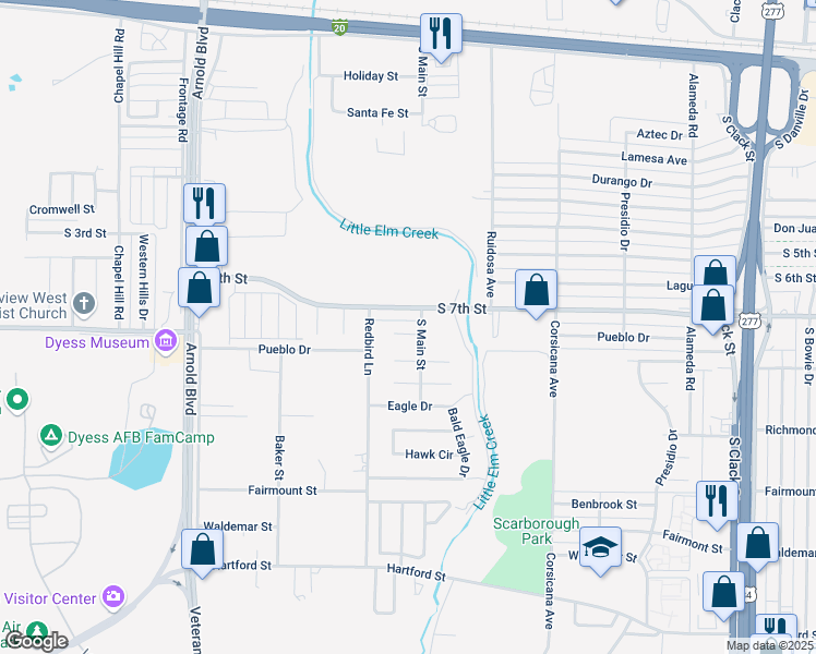map of restaurants, bars, coffee shops, grocery stores, and more near 5642 Pueblo Drive in Abilene