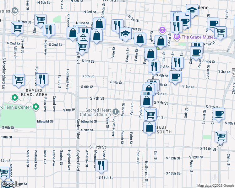 map of restaurants, bars, coffee shops, grocery stores, and more near 617 Jeanette Street in Abilene
