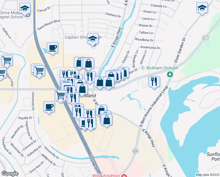 map of restaurants, bars, coffee shops, grocery stores, and more near in Shreveport