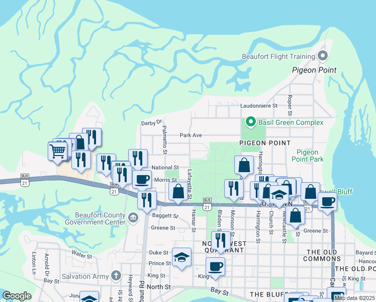 map of restaurants, bars, coffee shops, grocery stores, and more near 2205 Lafayette Street in Beaufort