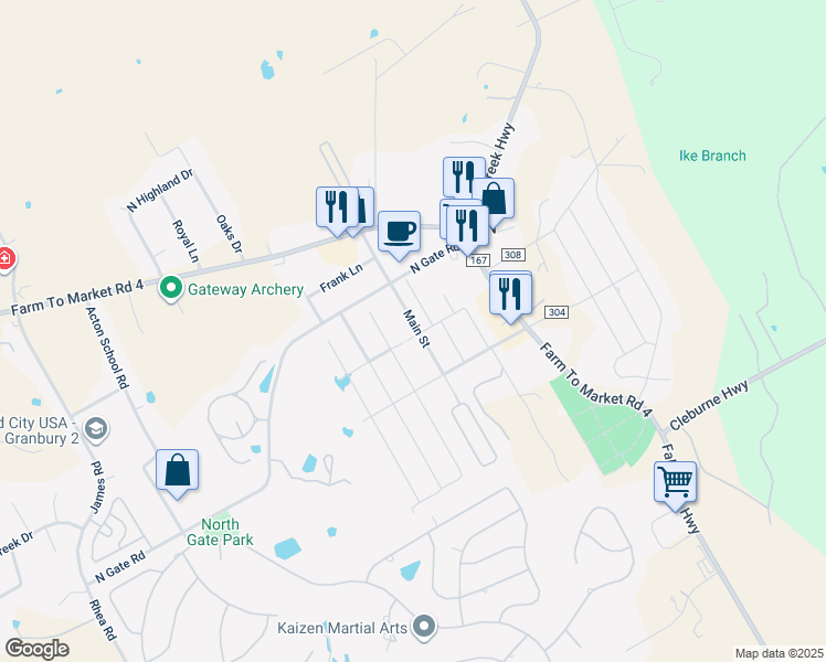 map of restaurants, bars, coffee shops, grocery stores, and more near 3120 Main Street in Granbury