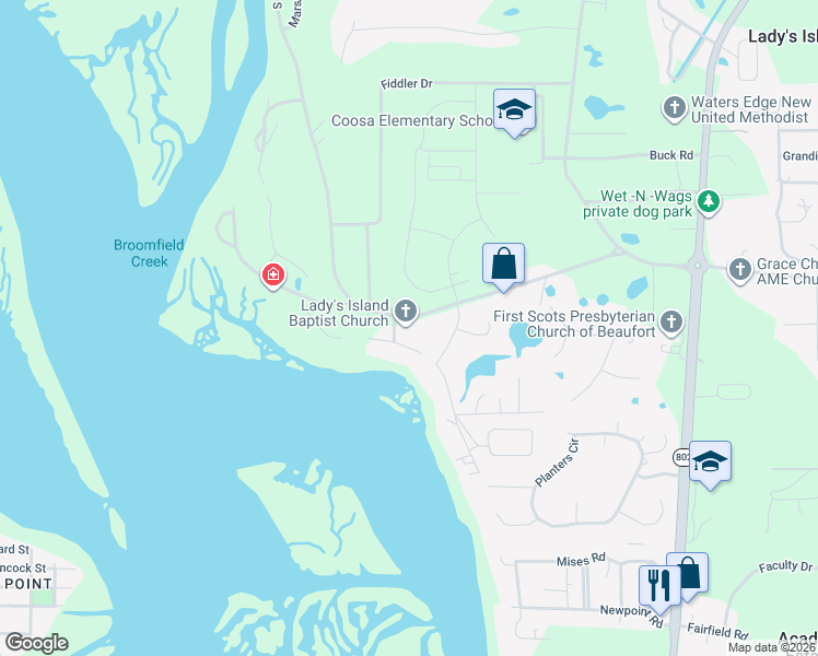 map of restaurants, bars, coffee shops, grocery stores, and more near 111 Brickyard Point Road South in Beaufort