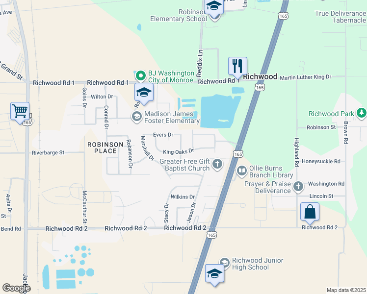 map of restaurants, bars, coffee shops, grocery stores, and more near 201 Jones Drive in Monroe