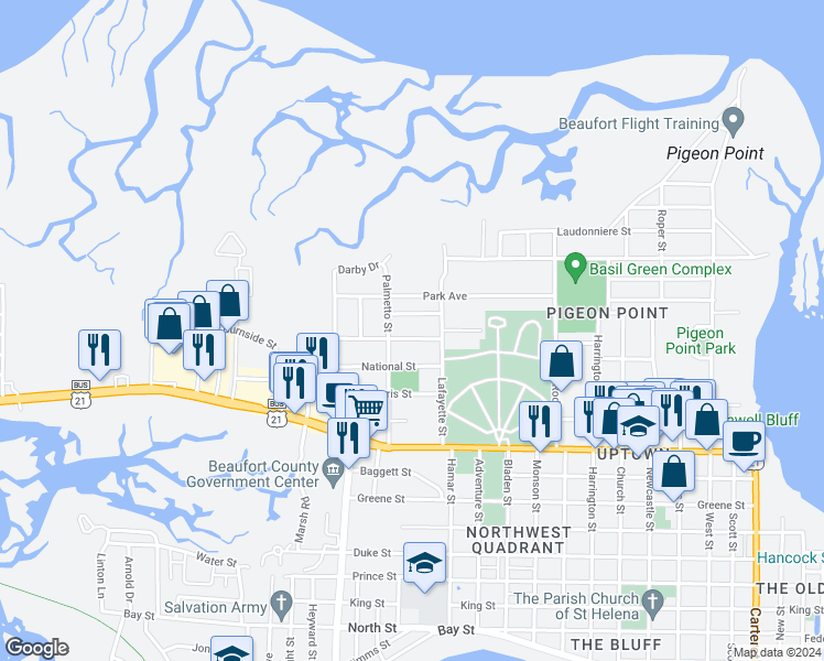 map of restaurants, bars, coffee shops, grocery stores, and more near 1809 Oconnell Street in Beaufort