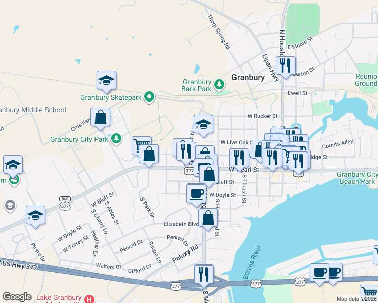 map of restaurants, bars, coffee shops, grocery stores, and more near 800 W Bridge St in Granbury