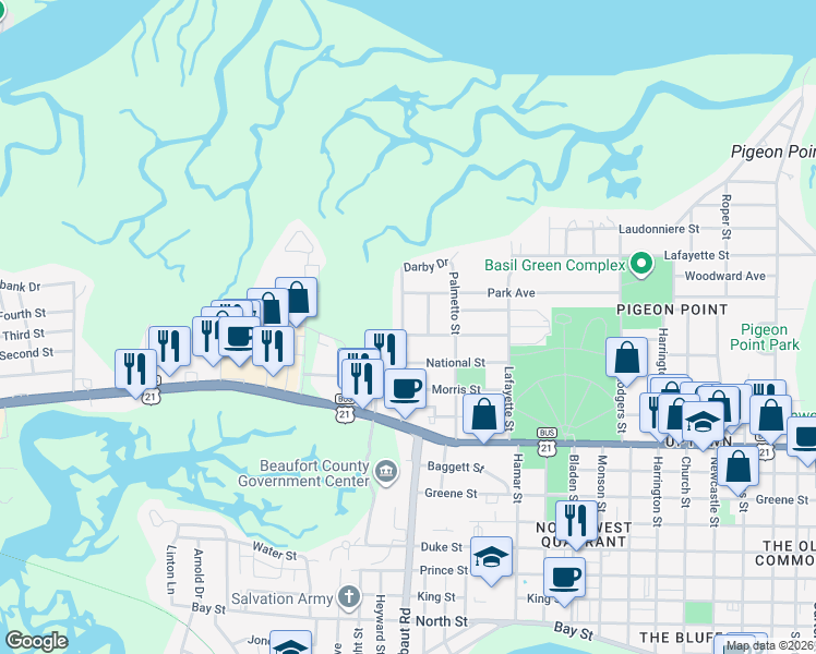 map of restaurants, bars, coffee shops, grocery stores, and more near 1506 Sycamore Street in Beaufort