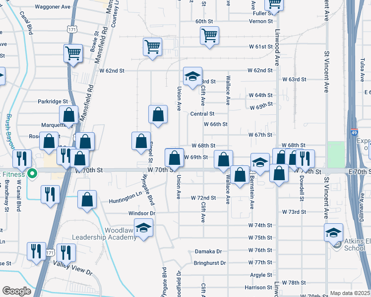 map of restaurants, bars, coffee shops, grocery stores, and more near 741 West 68th Street in Shreveport