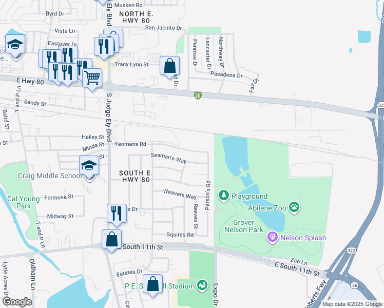 map of restaurants, bars, coffee shops, grocery stores, and more near 1459 Yeomans Road in Abilene