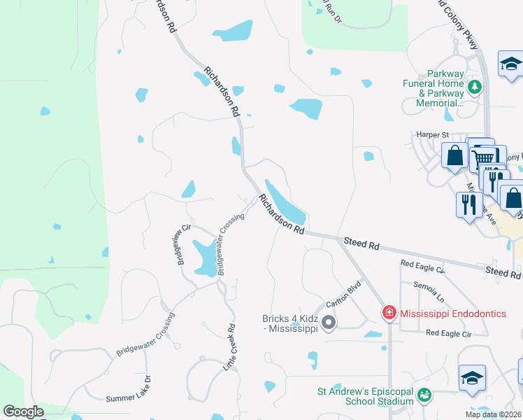 map of restaurants, bars, coffee shops, grocery stores, and more near 100 Bridgewater Crossing in Ridgeland