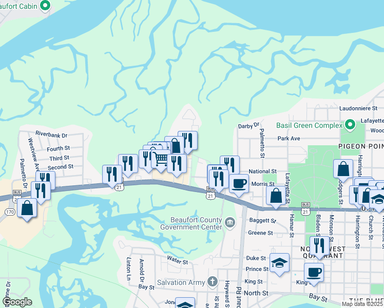 map of restaurants, bars, coffee shops, grocery stores, and more near 201 Burnside Street in Beaufort