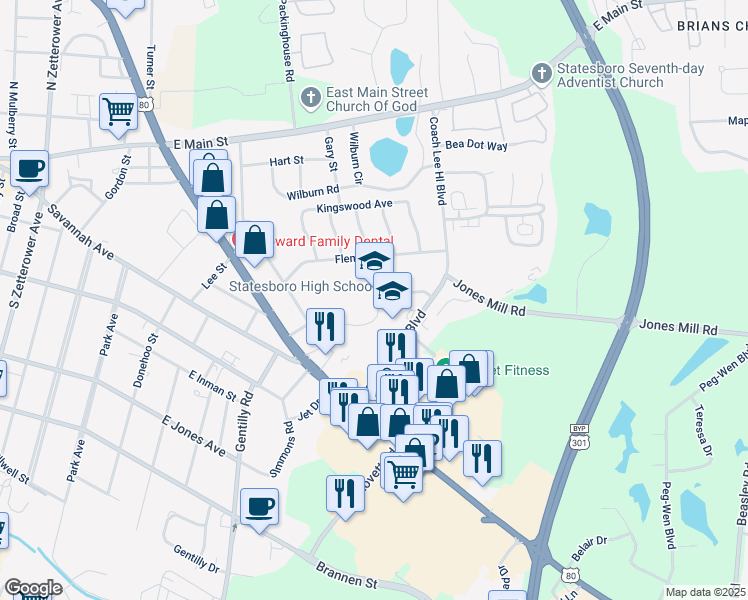 map of restaurants, bars, coffee shops, grocery stores, and more near 10 Lester Road in Statesboro