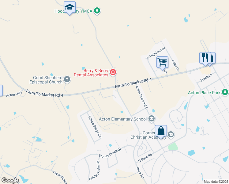 map of restaurants, bars, coffee shops, grocery stores, and more near 2700 James Road in Granbury