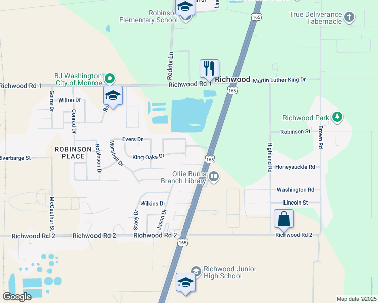 map of restaurants, bars, coffee shops, grocery stores, and more near 380 Baylor Drive in Monroe