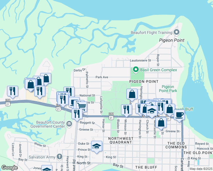 map of restaurants, bars, coffee shops, grocery stores, and more near 2205 Lafayette Street in Beaufort