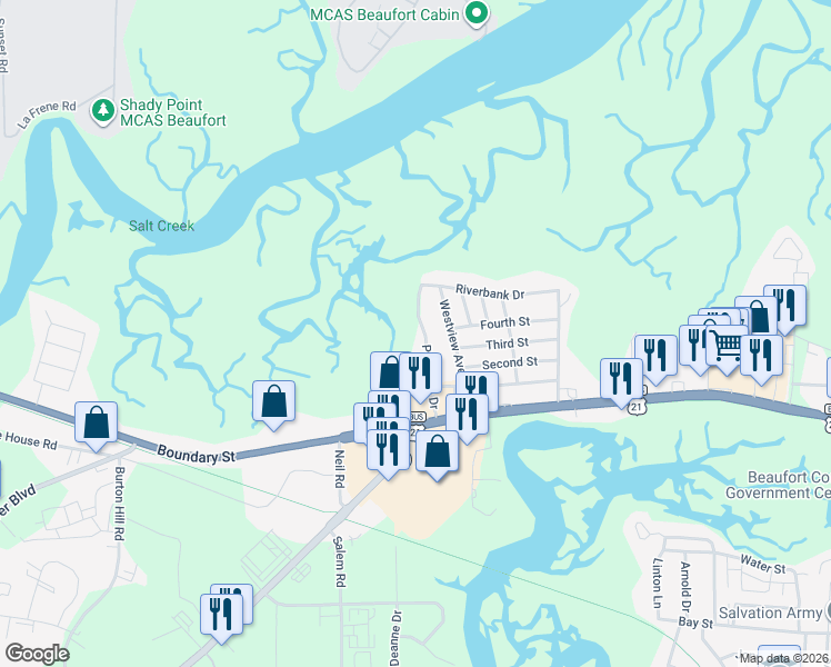 map of restaurants, bars, coffee shops, grocery stores, and more near 1708 State Road S-7-202 in Beaufort