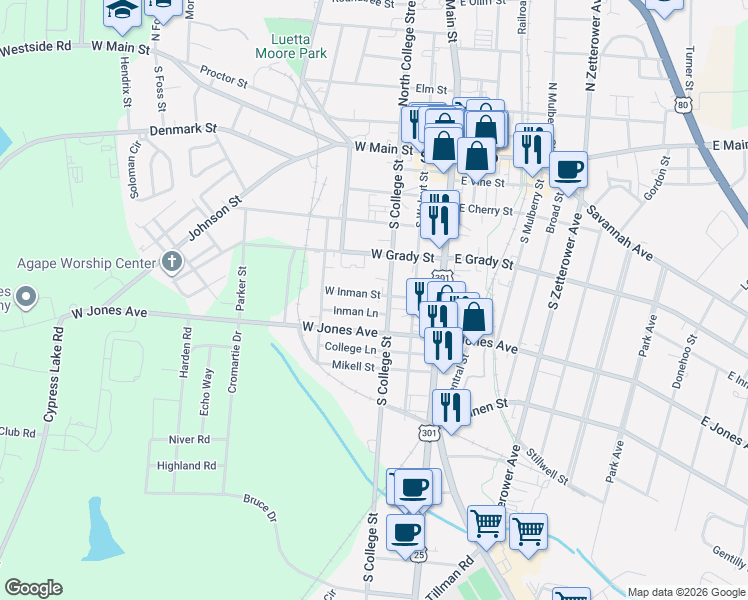 map of restaurants, bars, coffee shops, grocery stores, and more near 108 West Inman Street in Statesboro