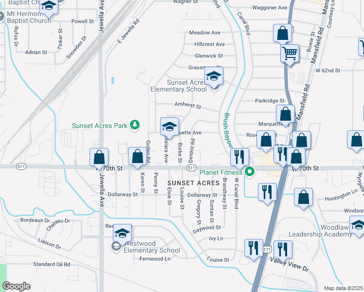 map of restaurants, bars, coffee shops, grocery stores, and more near 6801 Burke Street in Shreveport