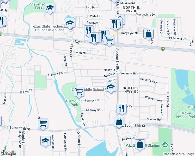 map of restaurants, bars, coffee shops, grocery stores, and more near 933 Minda Street in Abilene