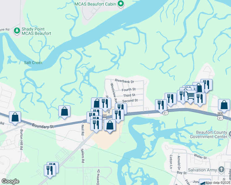 map of restaurants, bars, coffee shops, grocery stores, and more near 2916 Fourth Street in Beaufort