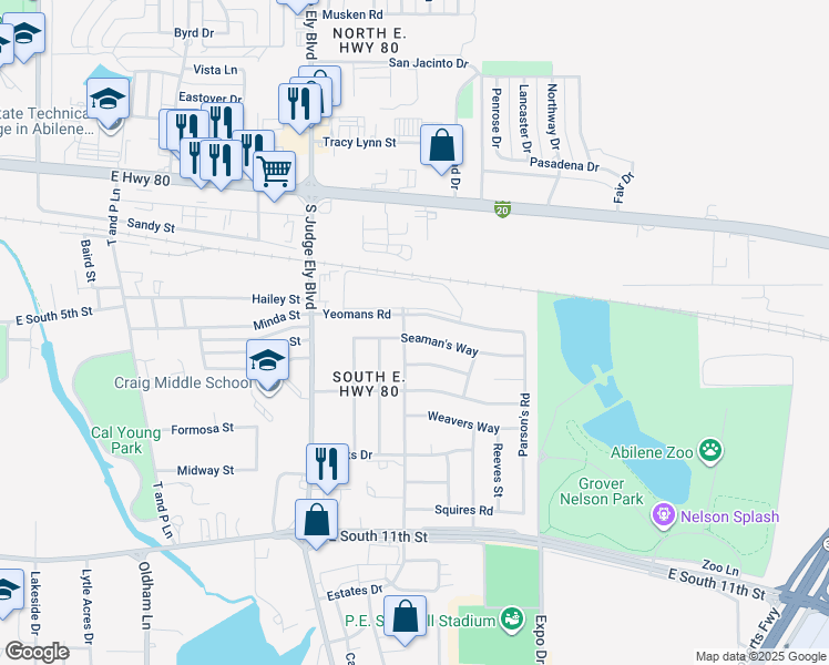 map of restaurants, bars, coffee shops, grocery stores, and more near 1310 Seaman's Way in Abilene