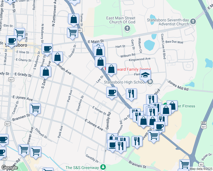 map of restaurants, bars, coffee shops, grocery stores, and more near 7 Lindberg Street in Statesboro