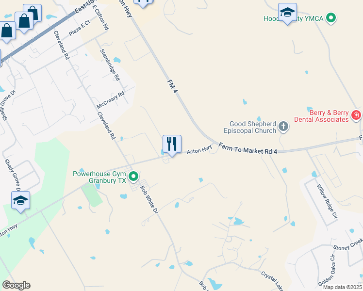map of restaurants, bars, coffee shops, grocery stores, and more near 4060 Acton Hwy in Granbury