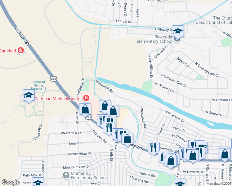map of restaurants, bars, coffee shops, grocery stores, and more near 2200 Westridge Road in Carlsbad