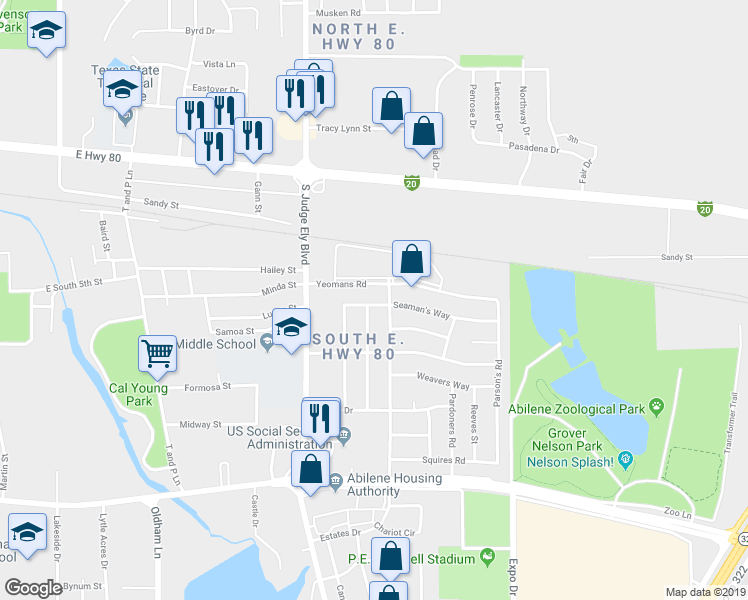map of restaurants, bars, coffee shops, grocery stores, and more near 1218 Seaman's Way in Abilene