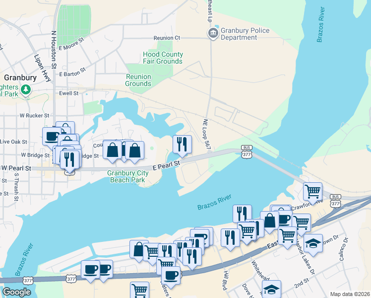 map of restaurants, bars, coffee shops, grocery stores, and more near 201 Brazos Harbor Drive in Granbury