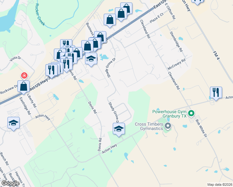 map of restaurants, bars, coffee shops, grocery stores, and more near 703 Shady Grove Drive in Granbury