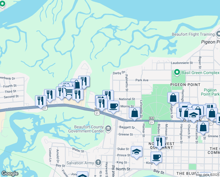 map of restaurants, bars, coffee shops, grocery stores, and more near 1506 Sycamore Street in Beaufort