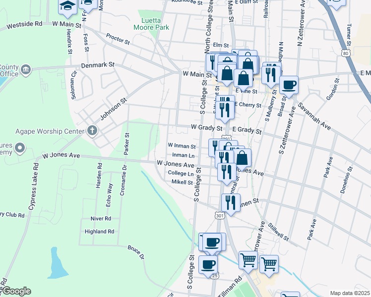 map of restaurants, bars, coffee shops, grocery stores, and more near 108 West Inman Street in Statesboro