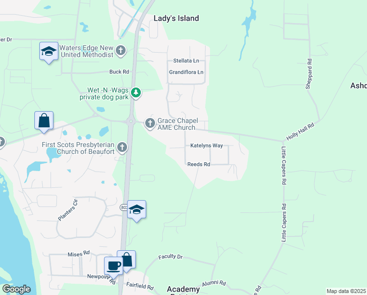 map of restaurants, bars, coffee shops, grocery stores, and more near 7B Stevic Court in Beaufort