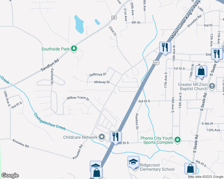 map of restaurants, bars, coffee shops, grocery stores, and more near 5 Richmond Park Drive in Phenix City