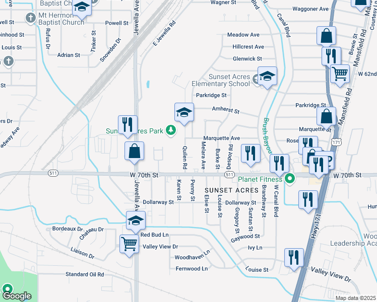 map of restaurants, bars, coffee shops, grocery stores, and more near 6807 Quilen Road in Shreveport