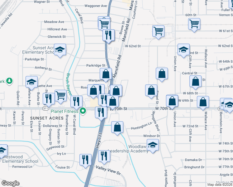 map of restaurants, bars, coffee shops, grocery stores, and more near 1100 West 70th Street in Shreveport