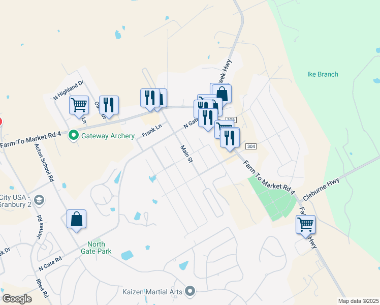 map of restaurants, bars, coffee shops, grocery stores, and more near 3120 Main Street in Granbury