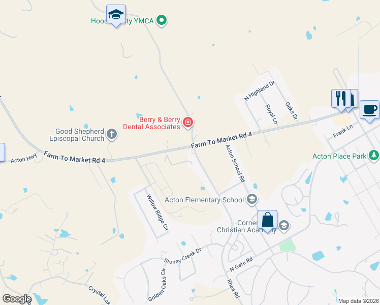 map of restaurants, bars, coffee shops, grocery stores, and more near 2700 James Road in Granbury