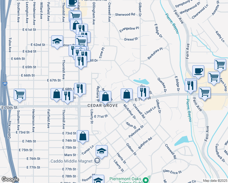 map of restaurants, bars, coffee shops, grocery stores, and more near 918 Bates Street in Shreveport