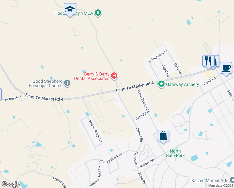 map of restaurants, bars, coffee shops, grocery stores, and more near 2722 James Road in Granbury