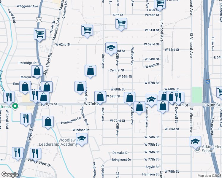 map of restaurants, bars, coffee shops, grocery stores, and more near 741 West 68th Street in Shreveport