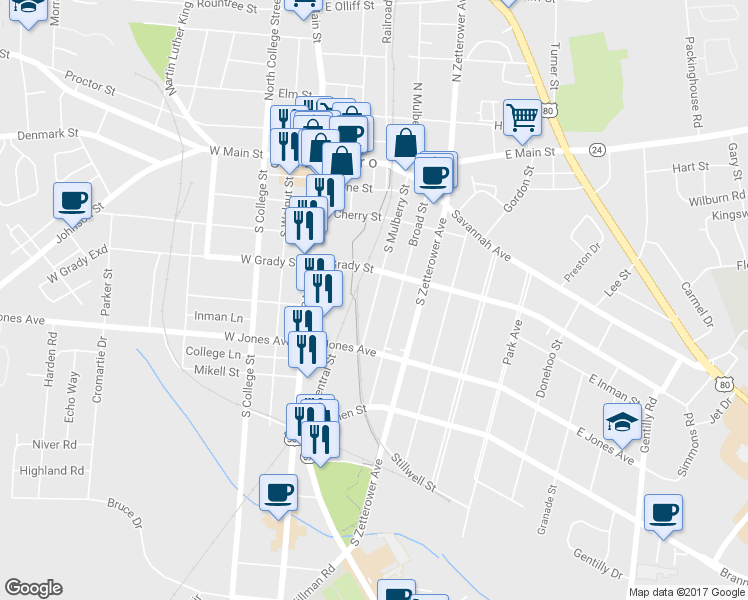 map of restaurants, bars, coffee shops, grocery stores, and more near 225 South Mulberry Street in Statesboro