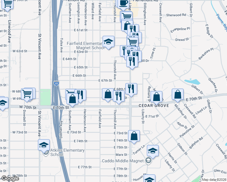map of restaurants, bars, coffee shops, grocery stores, and more near 468 East 69th Street in Shreveport