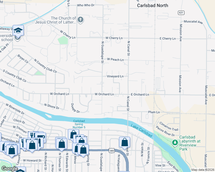 map of restaurants, bars, coffee shops, grocery stores, and more near 506 West Orchard Lane in Carlsbad