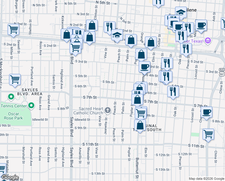 map of restaurants, bars, coffee shops, grocery stores, and more near 617 Jeanette Street in Abilene