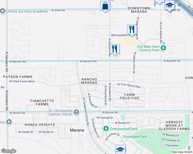 map of restaurants, bars, coffee shops, grocery stores, and more near West Rancho Drive in Marana