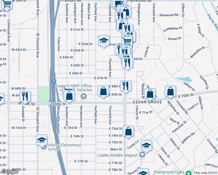 map of restaurants, bars, coffee shops, grocery stores, and more near 469 East 68th Street in Shreveport