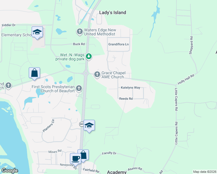map of restaurants, bars, coffee shops, grocery stores, and more near 7A Stevic Court in Beaufort