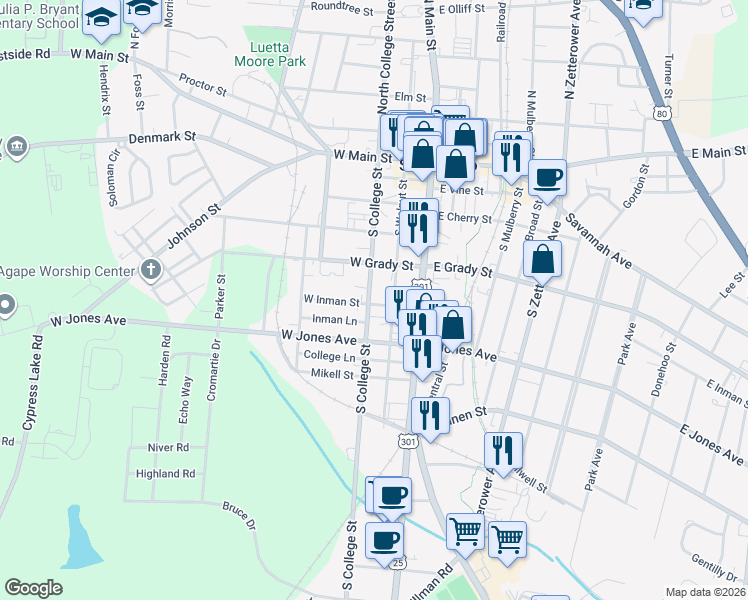 map of restaurants, bars, coffee shops, grocery stores, and more near 218 South College Street in Statesboro