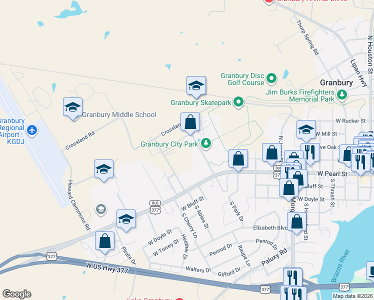 map of restaurants, bars, coffee shops, grocery stores, and more near 302 North Park Street in Granbury